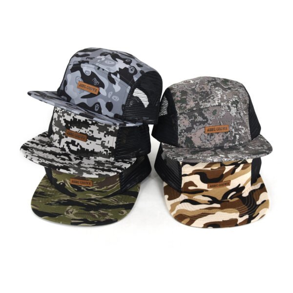 Custom Nylon Flat Brim  Mesh Side Camouflage 5 Panel Camping Cap - Image 7