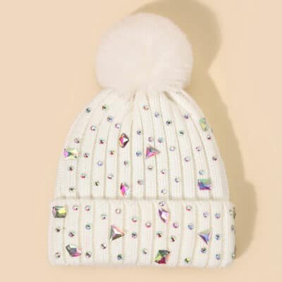 Knit Beanie Hat with Pom Pom, Rhinestones & Ear Protection for Winter