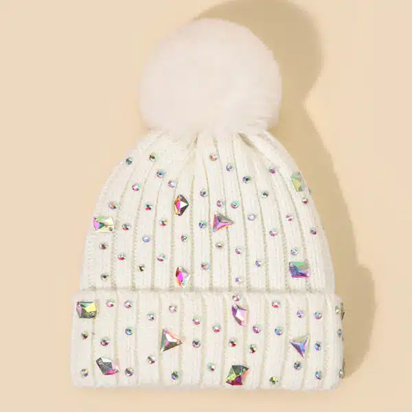 Knit Beanie Hat with Pom Pom, Rhinestones & Ear Protection for Winter - Image 6