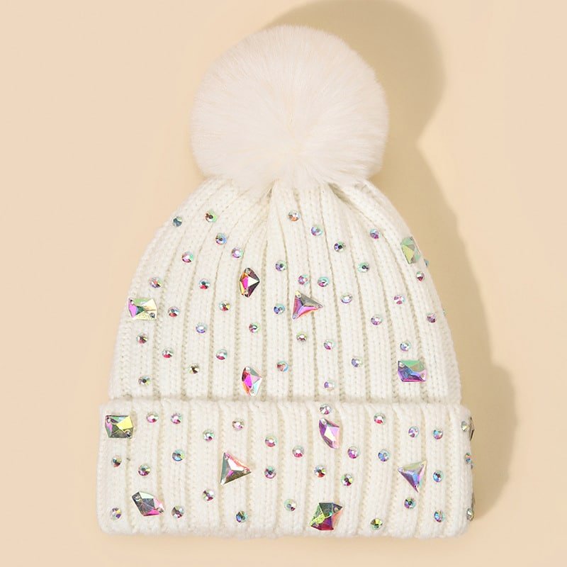 Knit Beanie Hat with Pom Pom, Rhinestones & Ear Protection for Winter