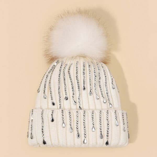 Knit Beanie Hat with Pom Pom, Rhinestones & Ear Protection for Winter - Image 7
