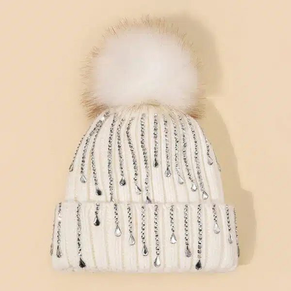 Knit Beanie Hat with Pom Pom, Rhinestones & Ear Protection for Winter - Image 7
