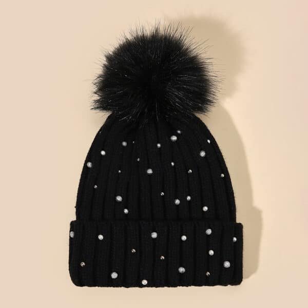 Knit Beanie Hat with Pom Pom, Rhinestones & Ear Protection for Winter - Image 2