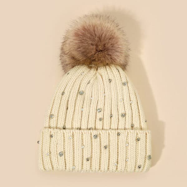 Knit Beanie Hat with Pom Pom, Rhinestones & Ear Protection for Winter - Image 3