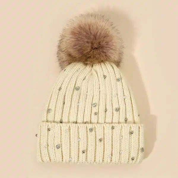 Knit Beanie Hat with Pom Pom, Rhinestones & Ear Protection for Winter - Image 3