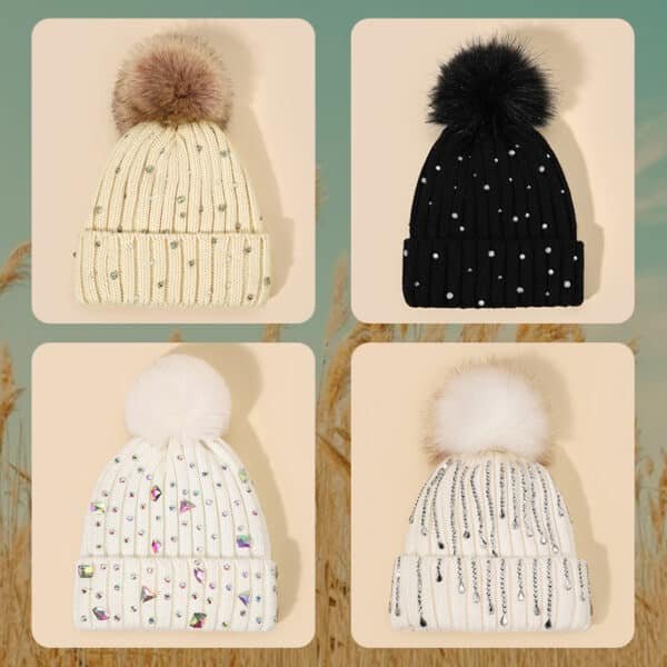 Knit Beanie Hat with Pom Pom, Rhinestones & Ear Protection for Winter - Image 4