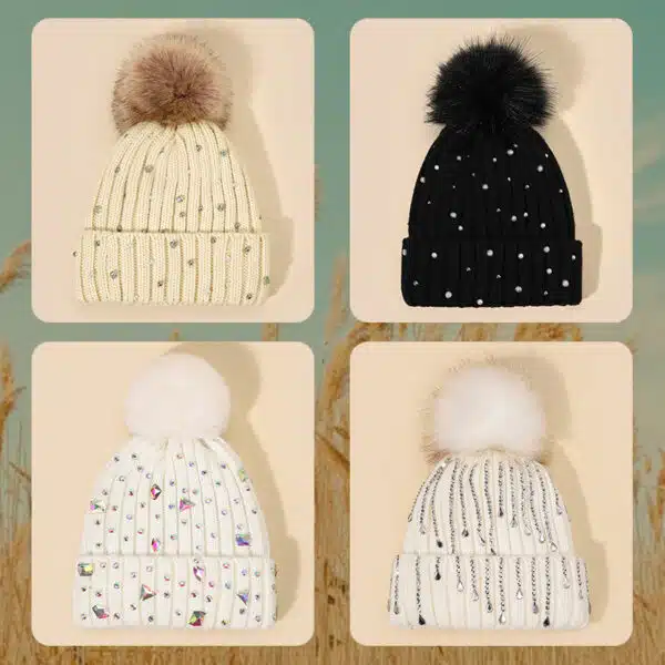 Knit Beanie Hat with Pom Pom, Rhinestones & Ear Protection for Winter - Image 4