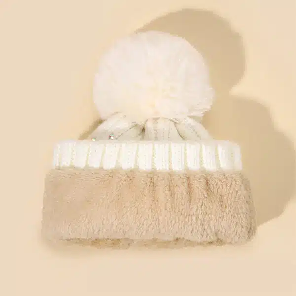 Knit Beanie Hat with Pom Pom, Rhinestones & Ear Protection for Winter - Image 5