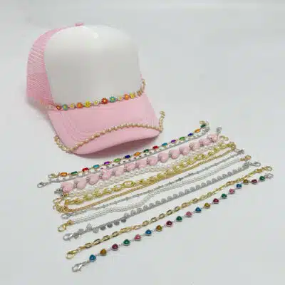 Diamond Rhinestone & Pearl Chain for 5-Panel Trucker Hat for Women